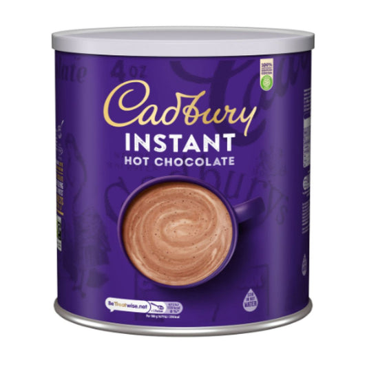A large 2kg catering-size tin of Cadbury Original Drinking Hot Chocolate featuring the iconic purple branding and a picture of a frothy mug of cocoa.